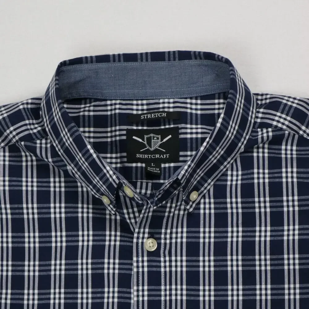 Shirtcraft Men's Size L short sleeve navy blue plaid button-down shirt EUC